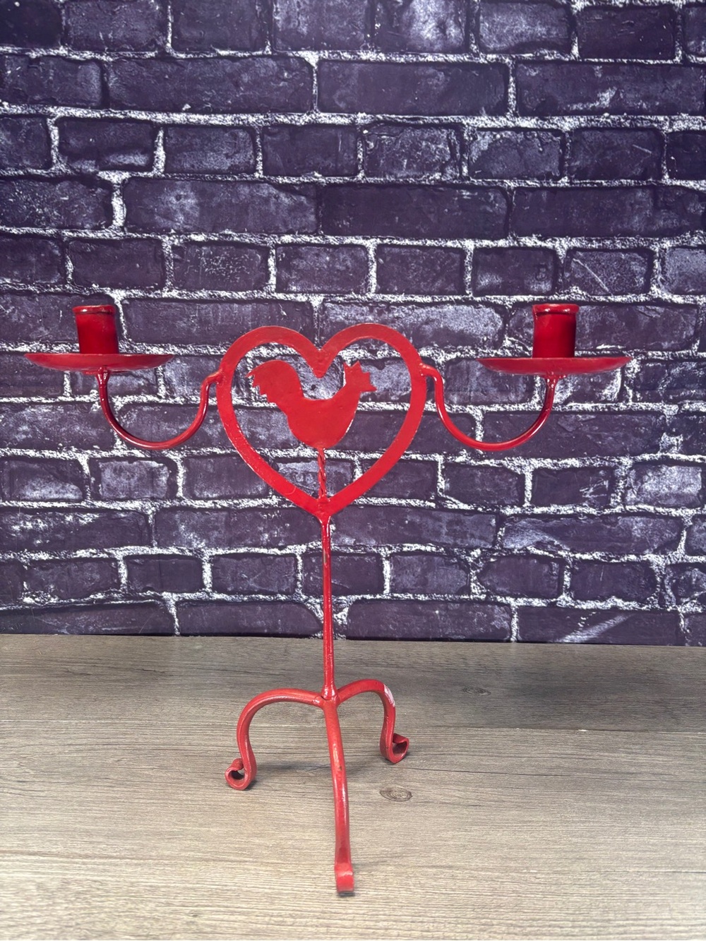 Iron Red Heart & Rooster Metal 2-Arm Candle Holder